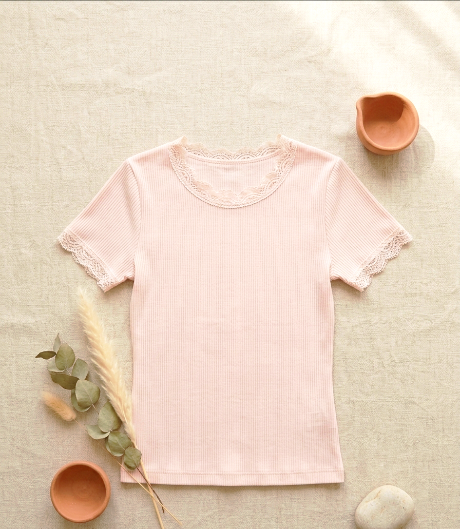 Ripp-T-Shirt mit Spitze | Romantik Style | Blush Rosa | One Size S-M