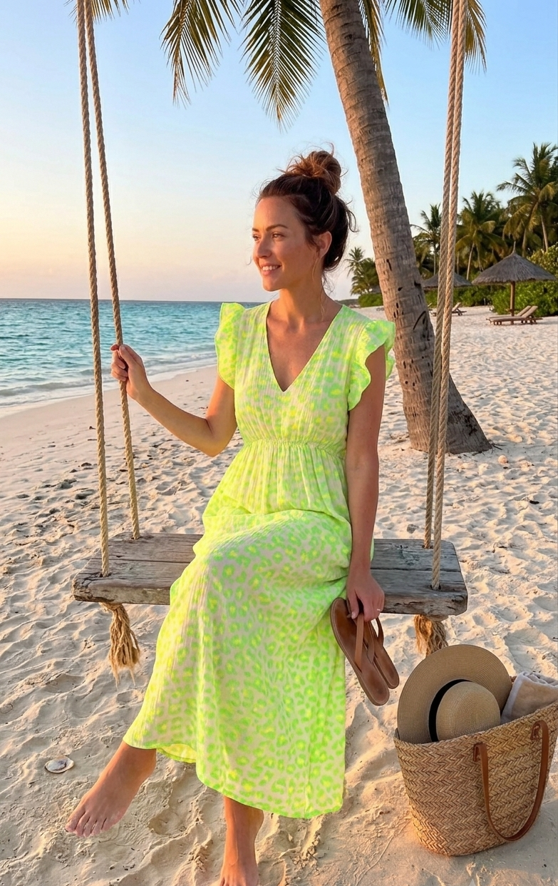 Boho-Luxe Damenkleid in leuchtendem Grün mit Leopard-Print, leichter Stoff, perfekt für den Strand