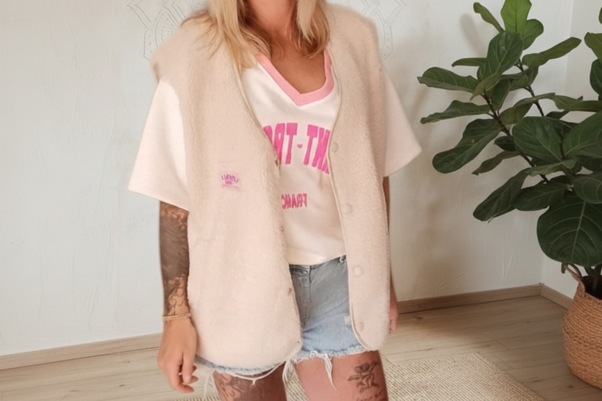 Boho-Luxe Weste aus cremefarbenem Teddy-Fleece über weißem Grafik-Shirt und Jeansshorts.