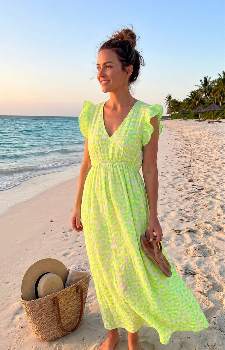 Maxikleid mit Animal-Print | Boho Strandkleid mit V-Ausschnitt & Flügelärmel | Grün, Pink, Orange