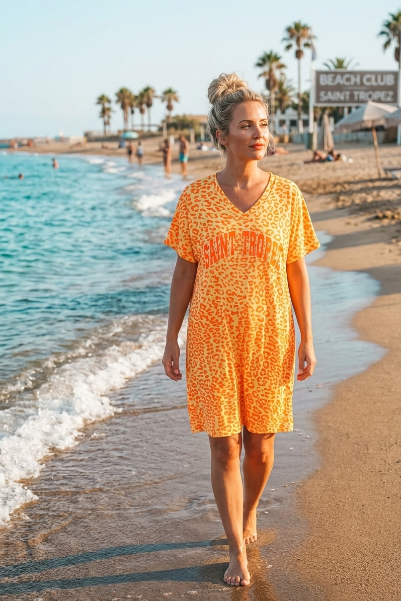 T-Shirt Kleid Saint Tropez mit Leoprint – Lässiges Sommerkleid in Pink & Gelb-Orange | Gr. S-L