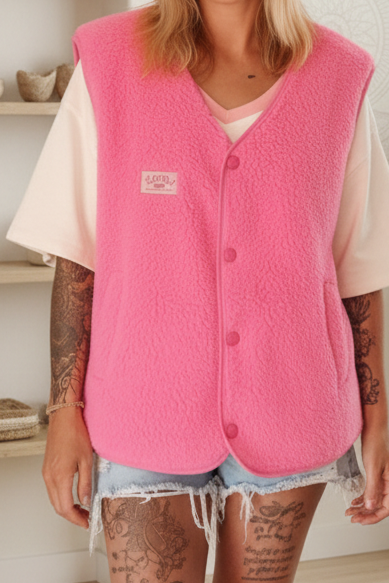 Rosa Boho-Luxe Weste aus weichem Teddy-Fleece für Damen.