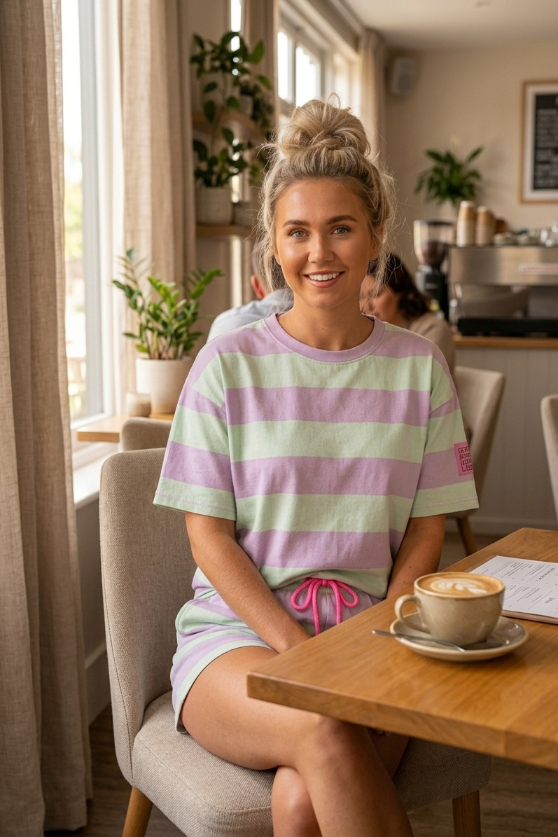 Boho-Luxe Damenmode: gestreiftes T-Shirt in Lila & Mint, lässig im Café