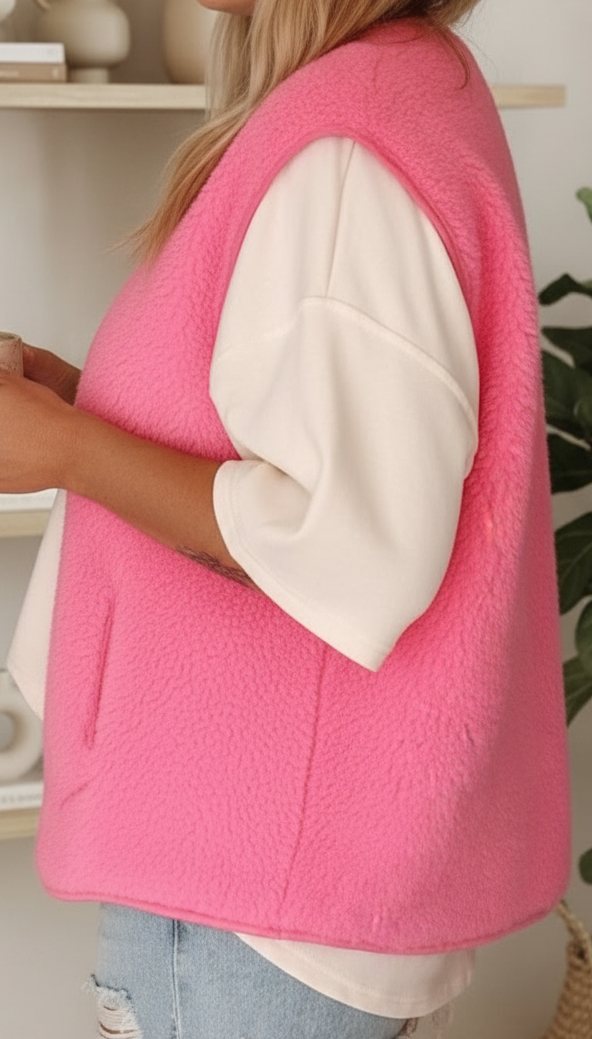 Rosa Weste aus flauschigem Teddyfleece im Boho-Luxe-Stil über weißem Oberteil.