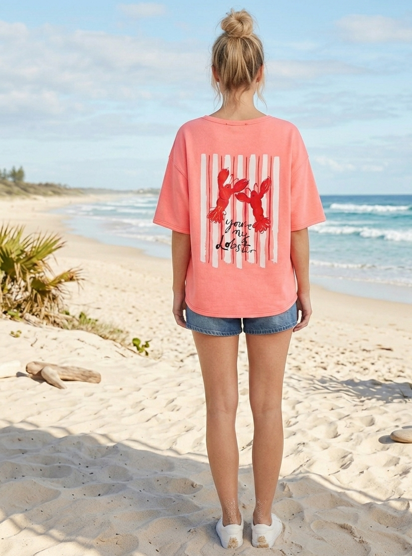 Oversize Statement T-Shirt „You’re my Lobster“ – Neon Koralle | Gr. S–L