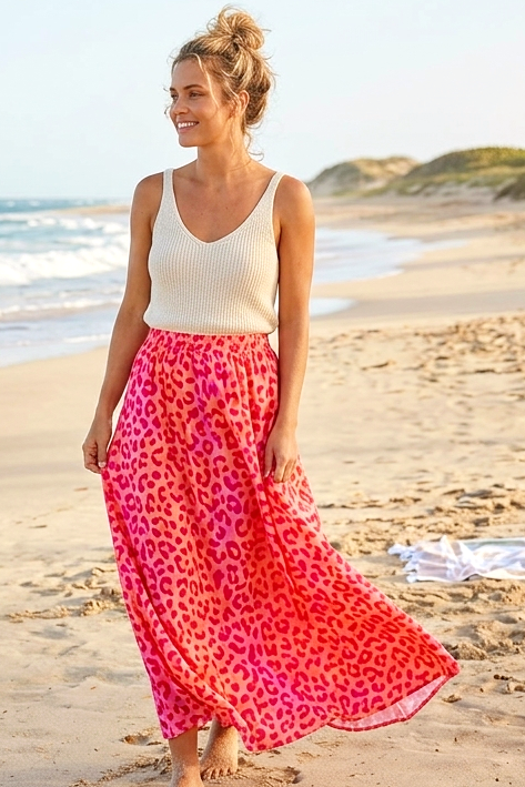 Luftiger Maxi-Rock – Animal-Print Pink/Rot | Onesize S–L
