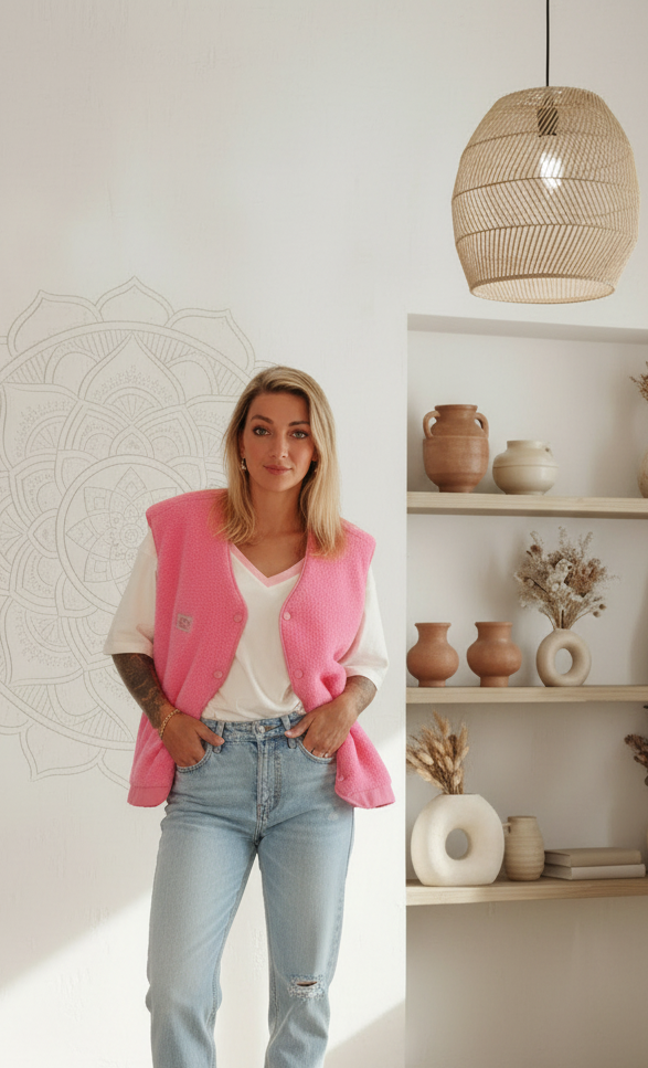 Boho-Luxe Look: Frau in pinkem Waffelstrick-Weste und heller Jeans vor Mandalakunst.