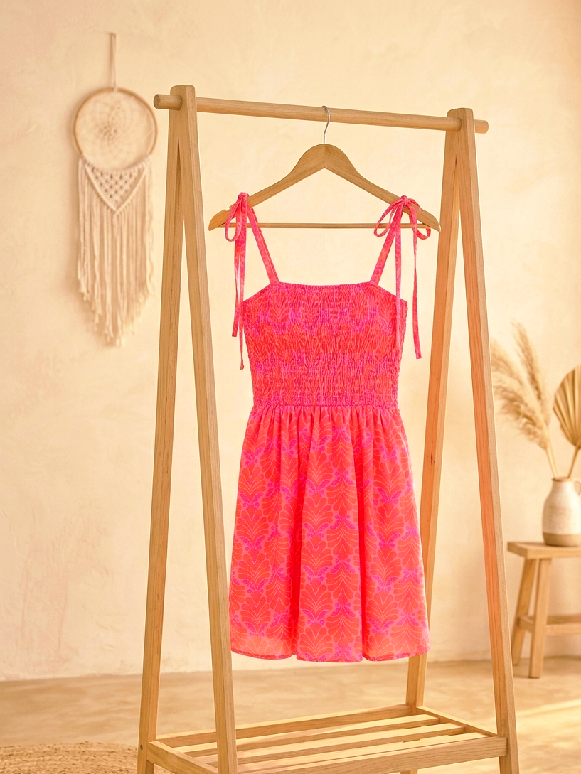 Sommer-Minikleid – Smock-Oberteil & Schleifen-Träger | Pink/Orange | S–M