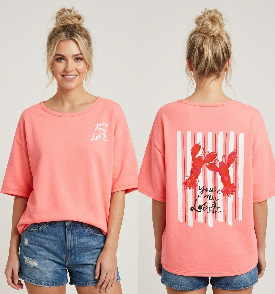 Oversize Statement T-Shirt „You’re my Lobster“ – Neon Koralle | Gr. S–L