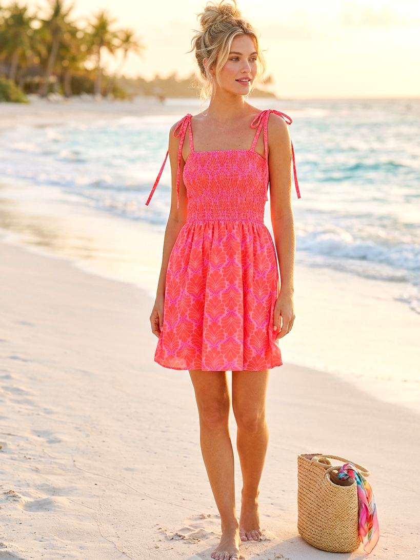 Sommer-Minikleid – Smock-Oberteil & Schleifen-Träger | Pink/Orange | S–M