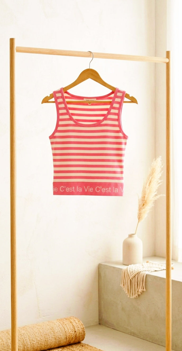 "C’est la Vie" Ringel-Tanktop – Pink/Weiß | Größe S