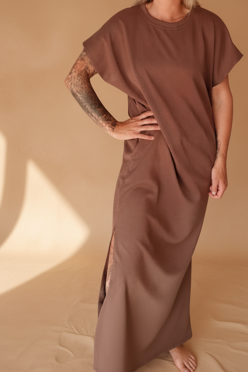 Boho-Luxe Maxikleid aus braunem Stoff mit Schlitz und kurzen Ärmeln.