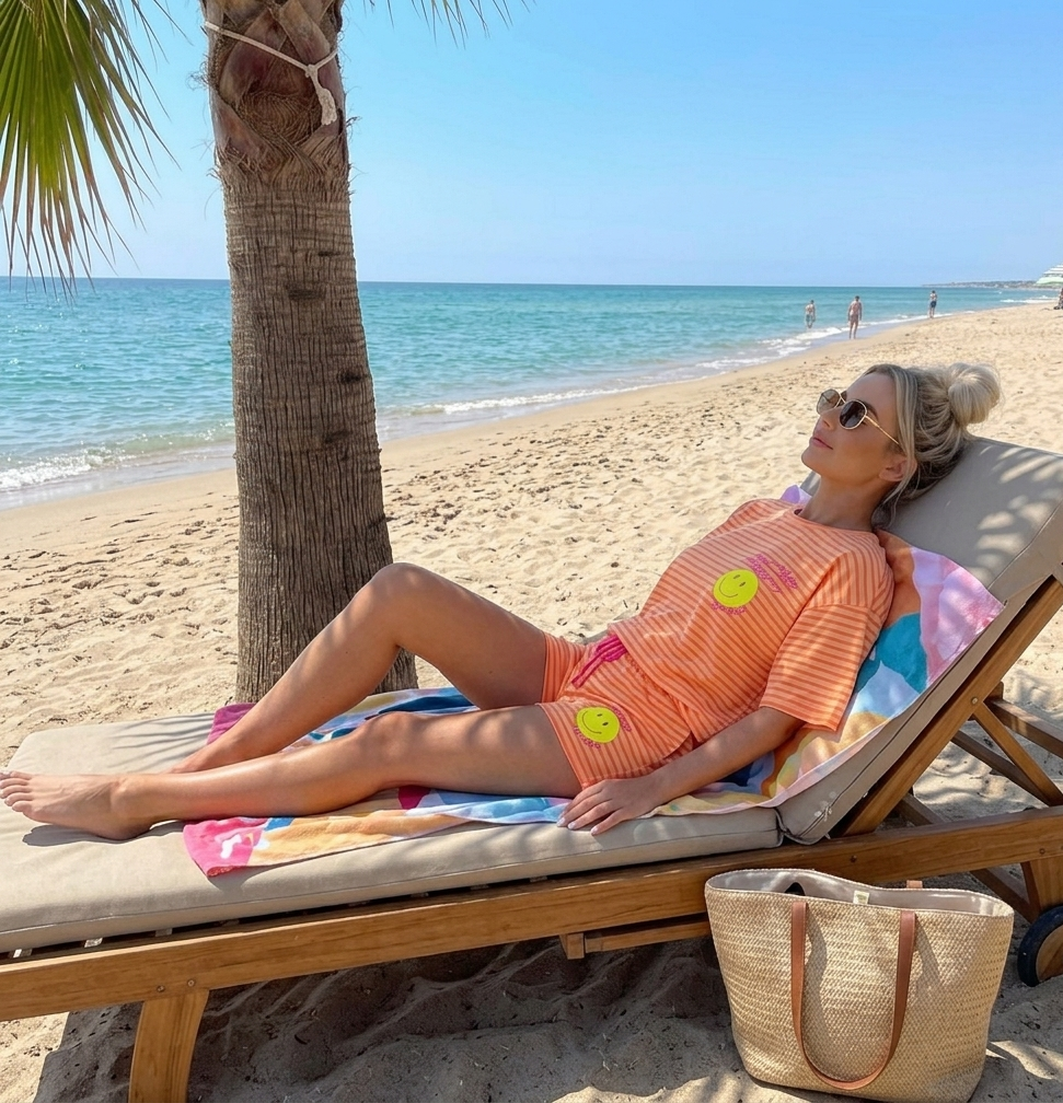 Sommer Zweiteiler Set Sunny Vibes – Gestreiftes Strandoutfit mit Smiley-Print | Gr. S-L