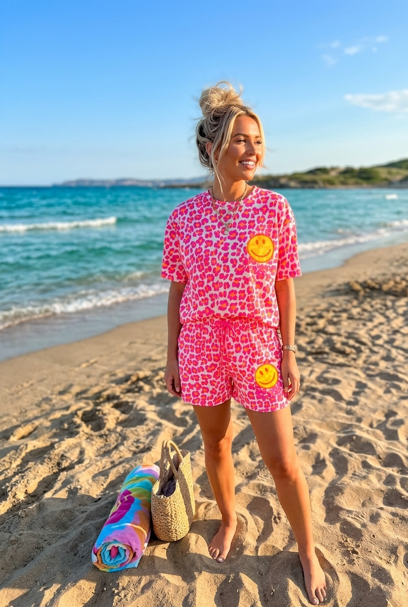 Damen Sommer Zweiteiler-Set Pink Leo Smiley – T-Shirt & Shorts | Gr. S-L