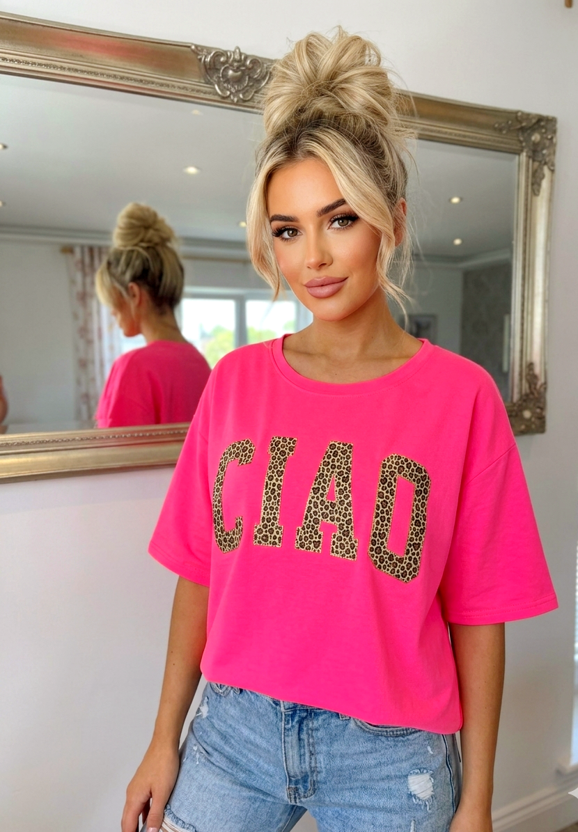 "CIAO" Statement-Shirt – Neon-Koralle Leo-Print | Onesize S–L