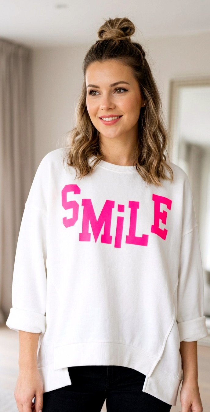 Oversize Sweater "SMILE" 💖 Statement-Print in Pink | Athleisure