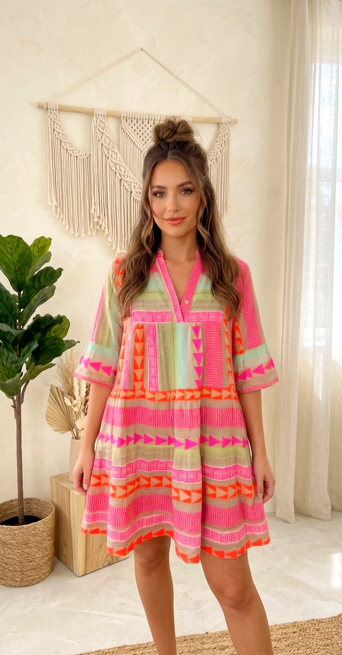 Tunika-Kleid "Tropical Chic" 🌴 Neon-Print & V-Ausschnitt | One Size S–L