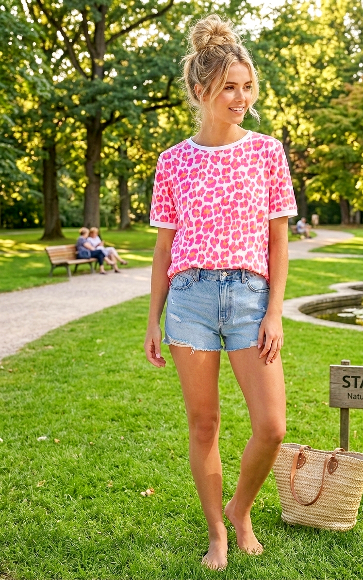 Leo-Print Ringer T-Shirt | Pink Orange | One Size S-L