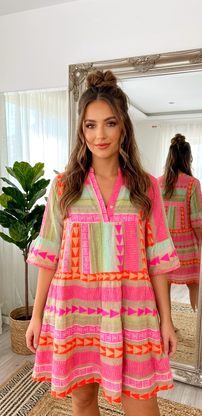 Tunika-Kleid "Tropical Chic" 🌴 Neon-Print & V-Ausschnitt | One Size S–L