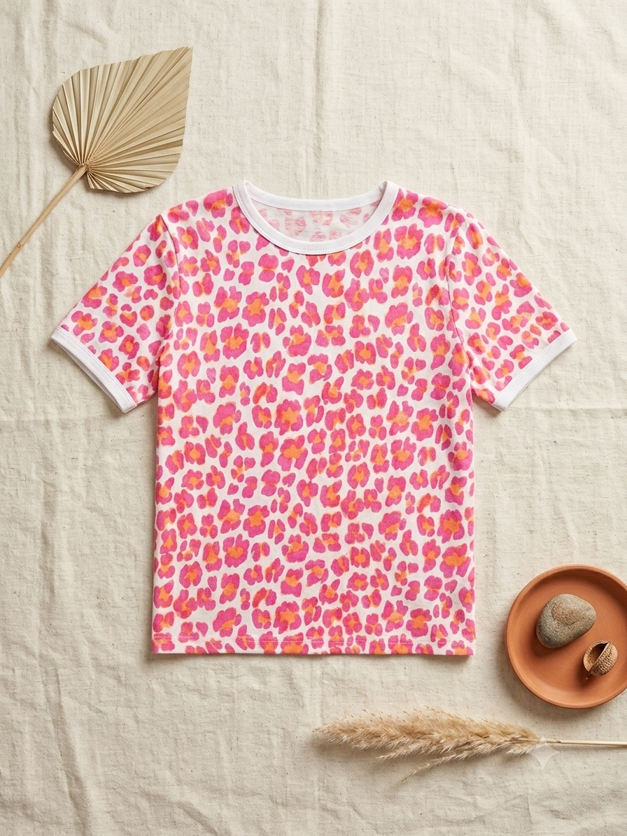 Leo-Print Ringer T-Shirt | Pink Orange | One Size S-L