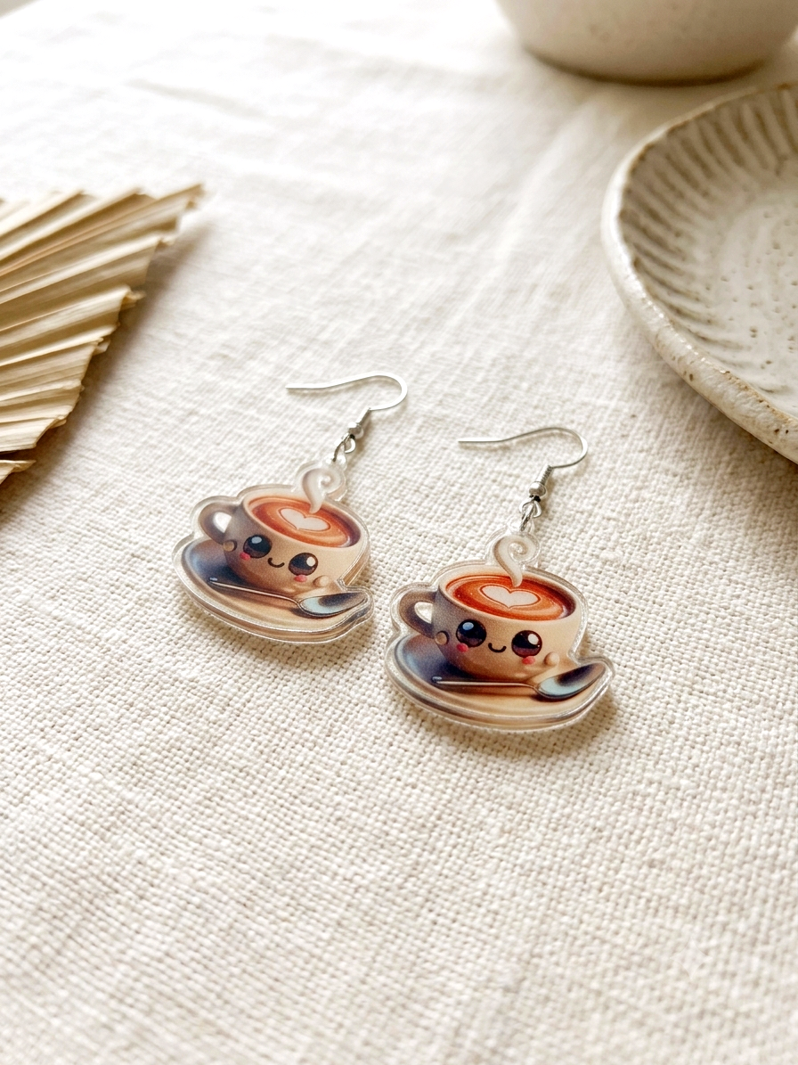 Kawaii Kaffee Ohrringe – Süße Acryl Ohrhänger mit Herz für Kaffeeliebhaber