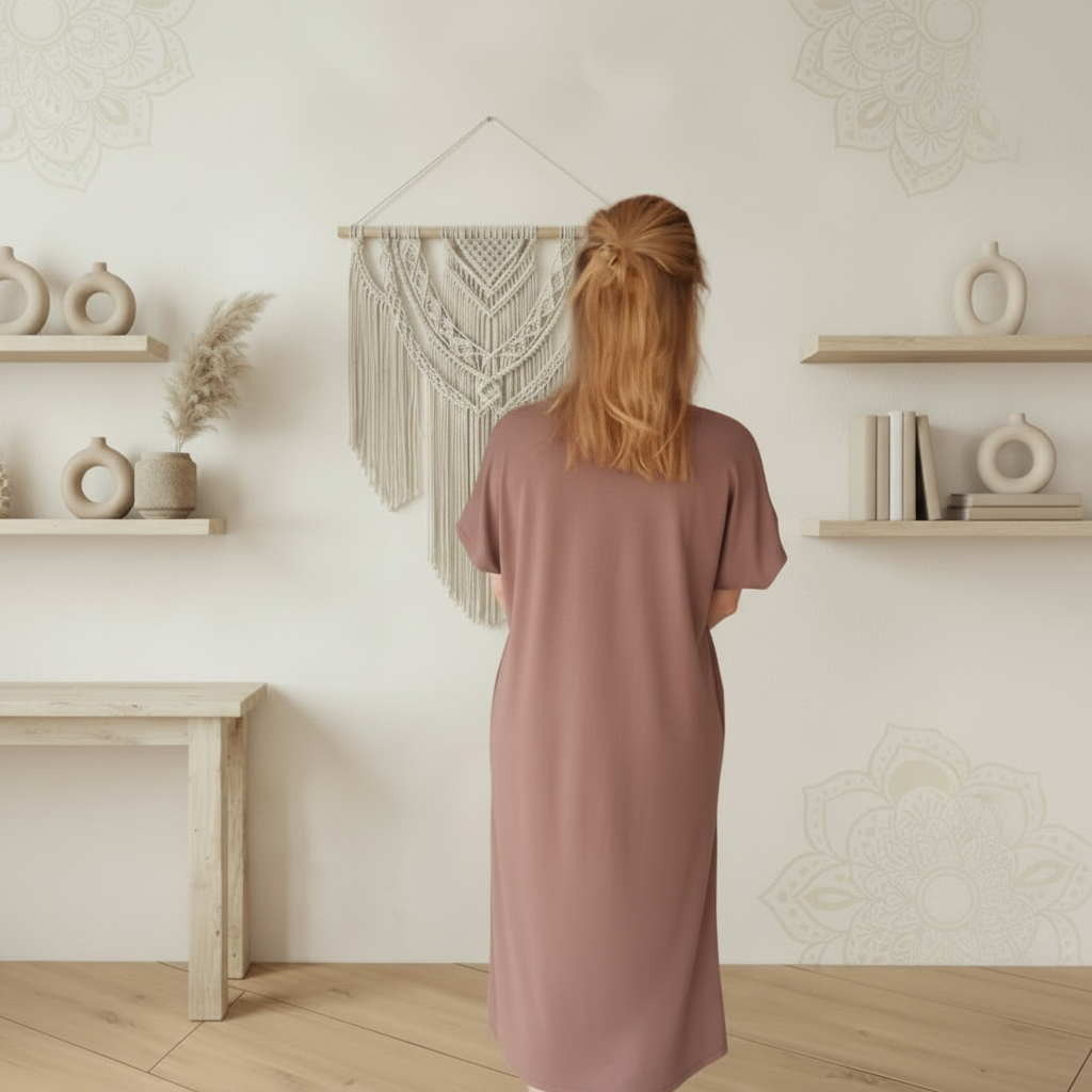 Boho-Luxe Damenkleid in Altrosa aus fließendem Stoff vor minimalistischer Wanddeko.