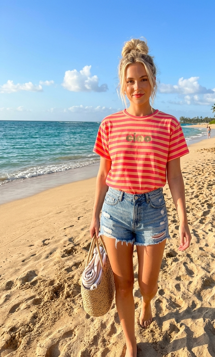 Gestreiftes Statement T-Shirt "Ciao" – One Size (S–L)
