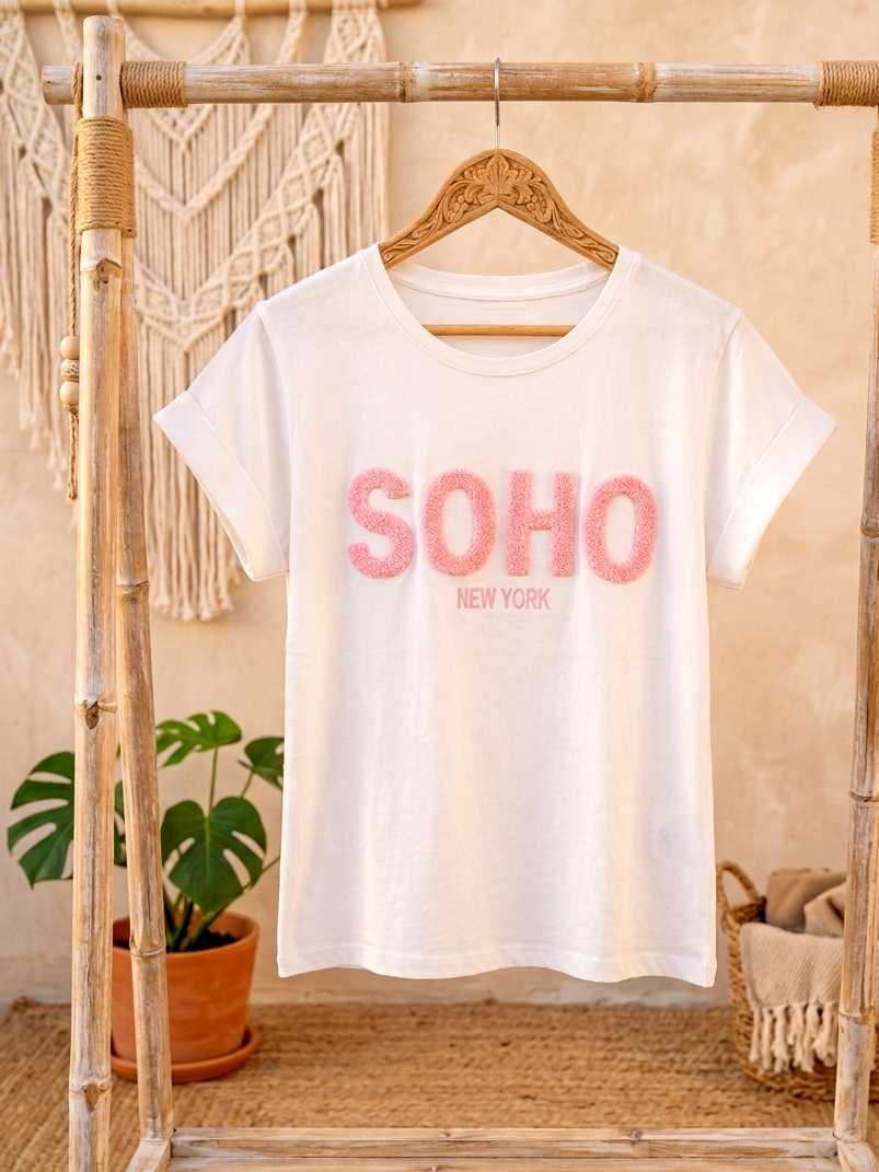 Statement-Shirt "SOHO New York" ✨ Weiß mit Rosa-Print | Gr. S/M