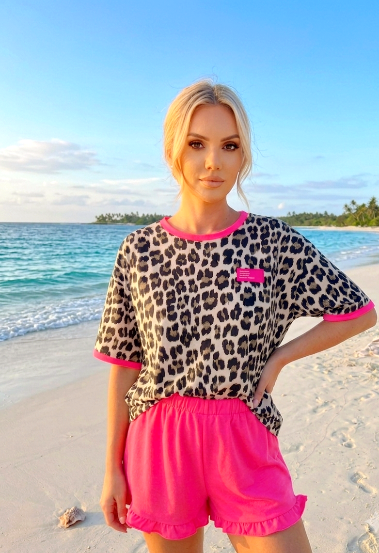 2-teiliges Co-ord Set Leo-Print & Neon-Pink – Sommer Zweiteiler Damen
