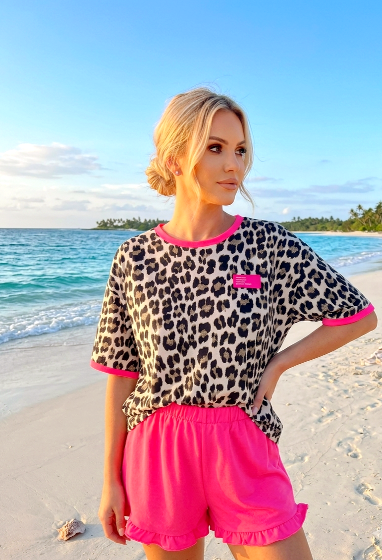 2-teiliges Co-ord Set Leo-Print & Neon-Pink – Sommer Zweiteiler Damen