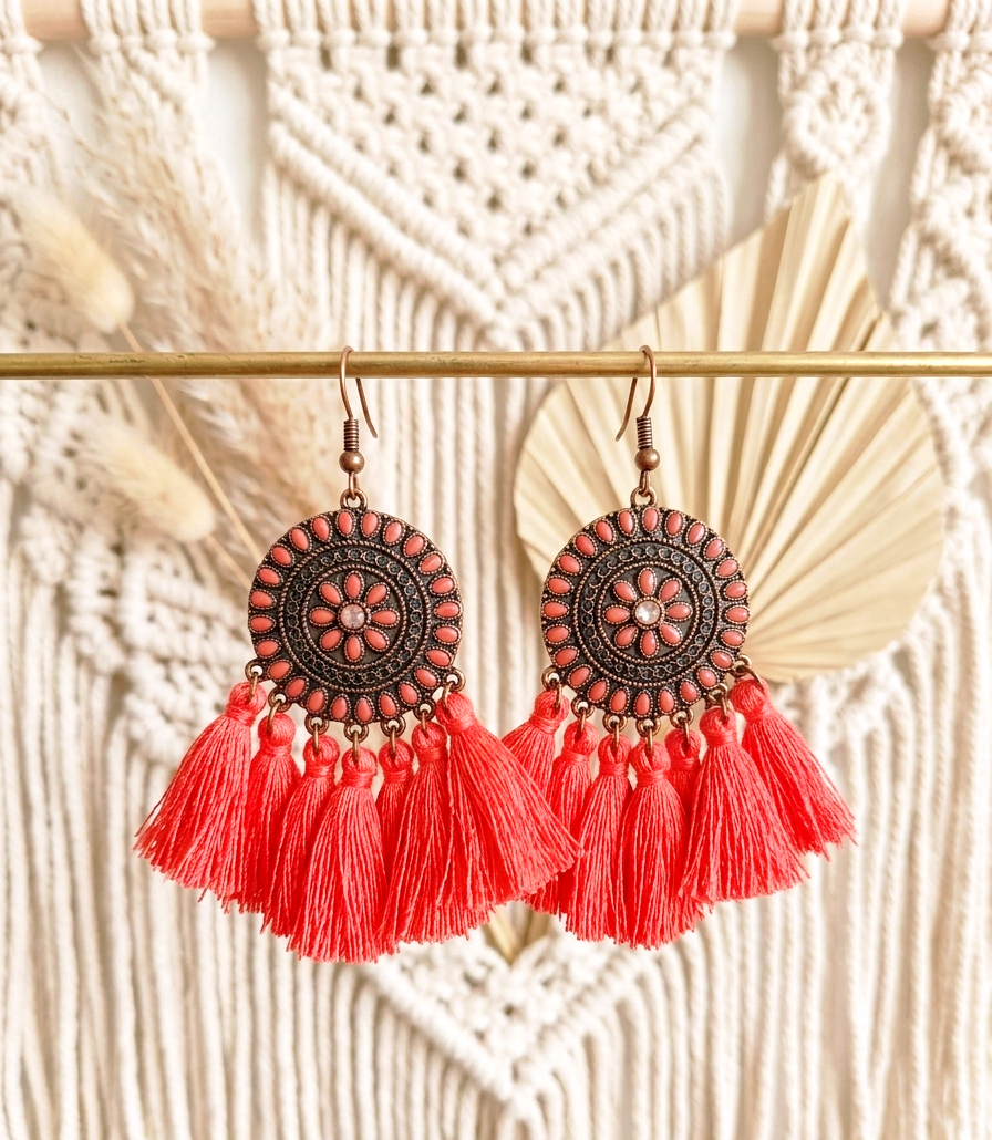 Ethno Quasten-Ohrringe Koralle/Bronze | Festival Boho Schmuck