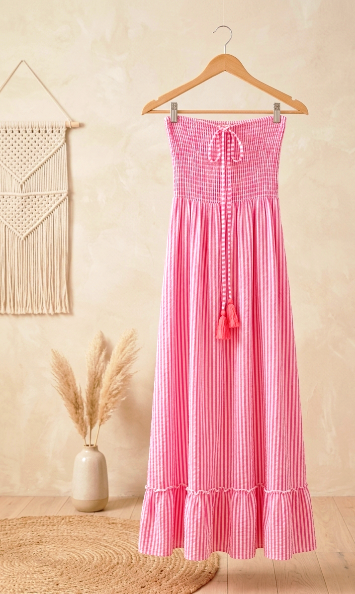 Bandeau-Maxikleid Boho | Gestreift Rosa | Quasten | One Size S-L