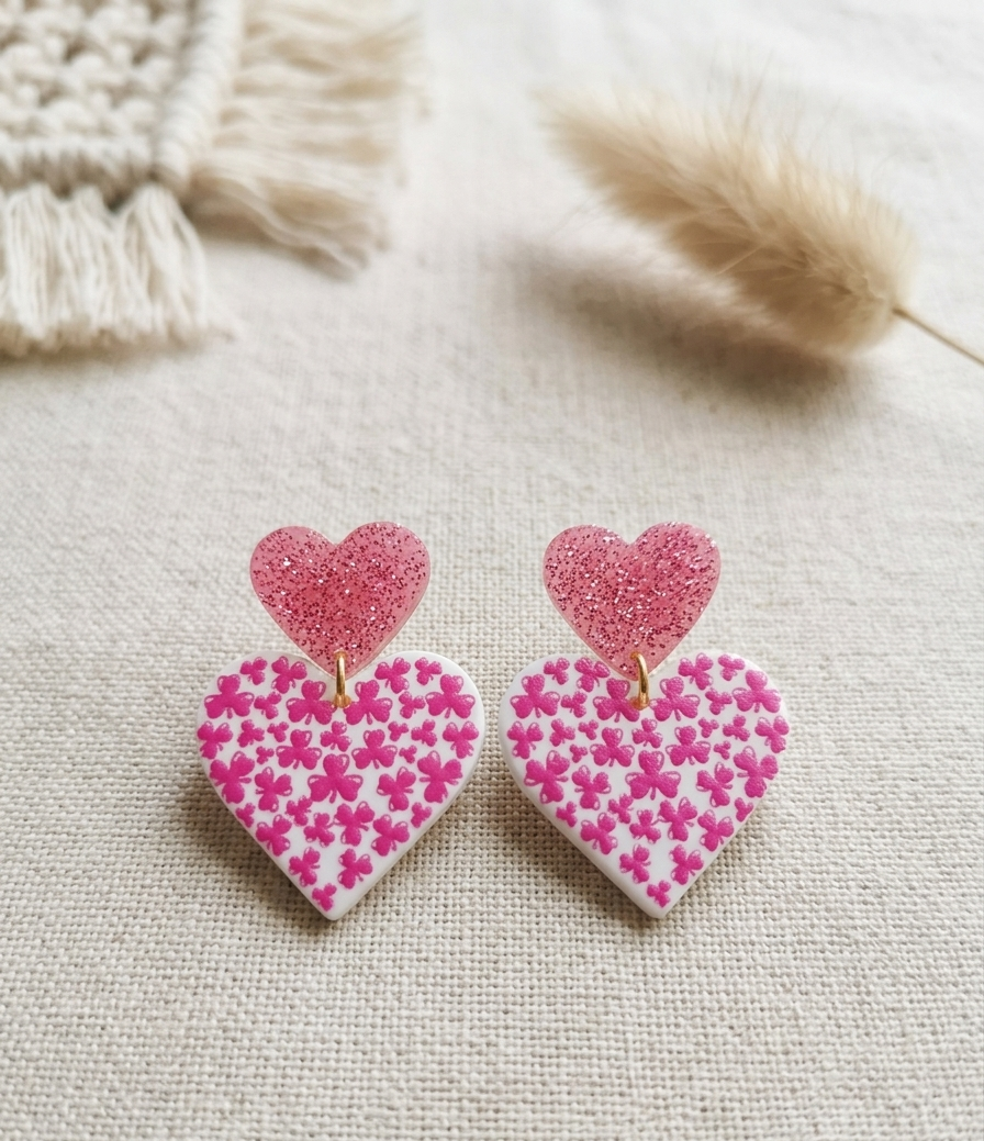 Verspielte Herz-Ohrstecker „Glücksherz“ | Rosa Glitzer & Kleeblatt-Muster | Romantische Statement Ohrringe
