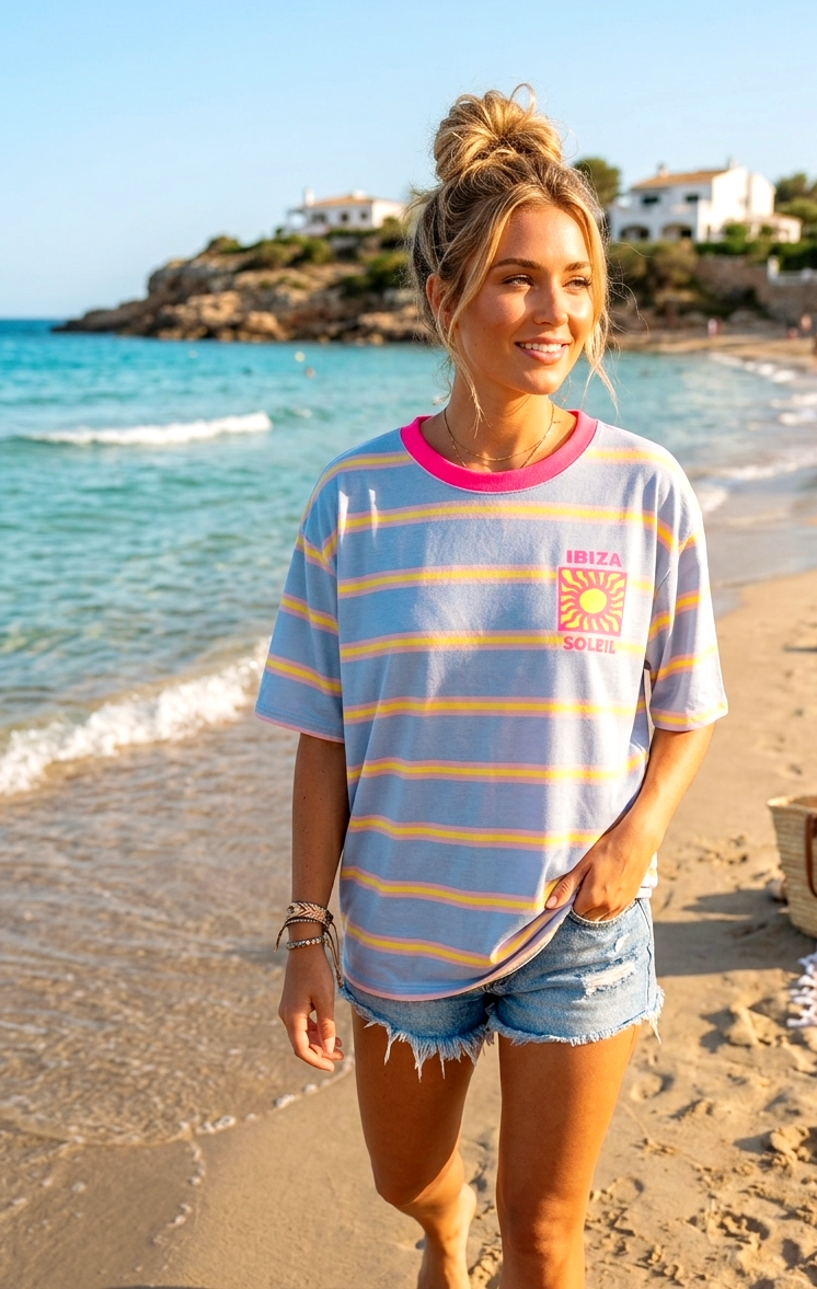 Oversized Sommer T-Shirt "Ibiza Soleil" im Pastell-Streifen-Look – Dein Beach-Essential