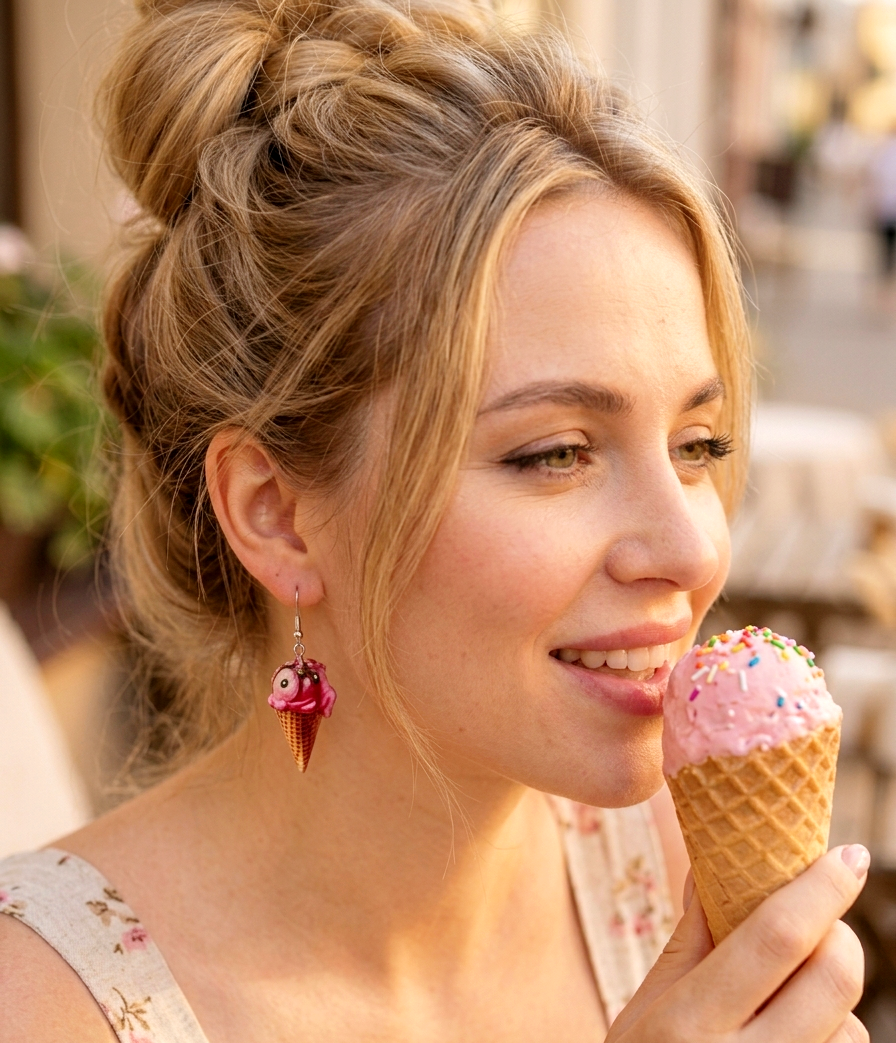 Süße Eiscreme Ohrringe – Kawaii Eiswaffel Ohrhänger Pink mit Streuseln | Leichter Sommer Schmuck