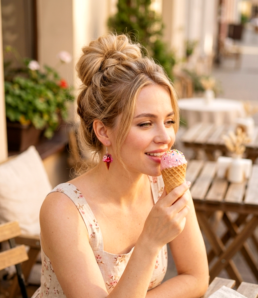 Süße Eiscreme Ohrringe – Kawaii Eiswaffel Ohrhänger Pink mit Streuseln | Leichter Sommer Schmuck