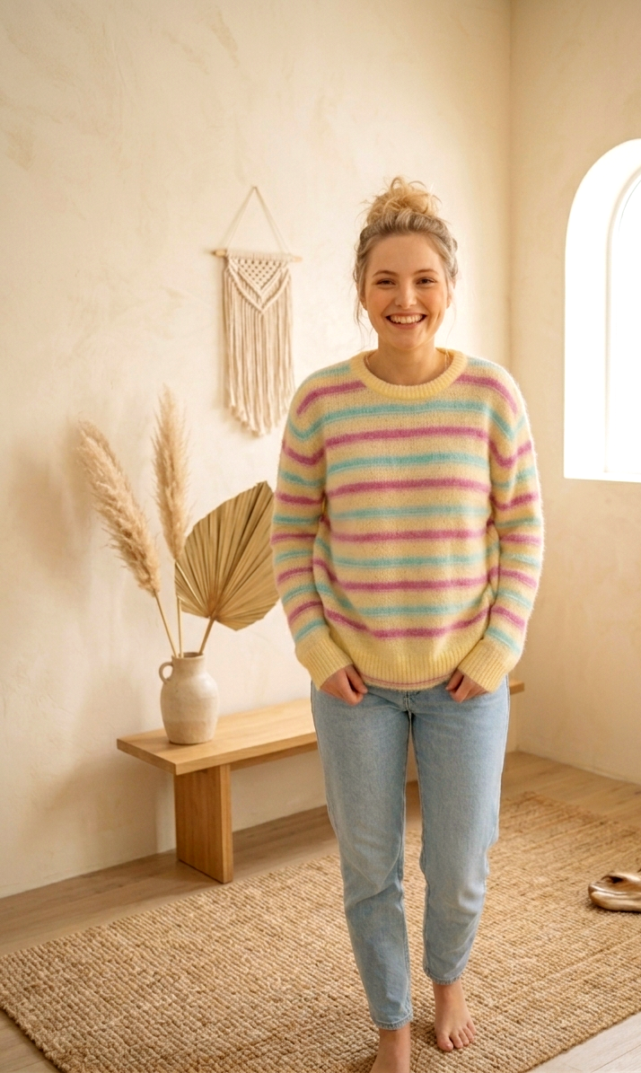Pastell-Strickpullover Gestreift | Flauschig Kuschelig | One Size S-L | Gelb Rosa Blau