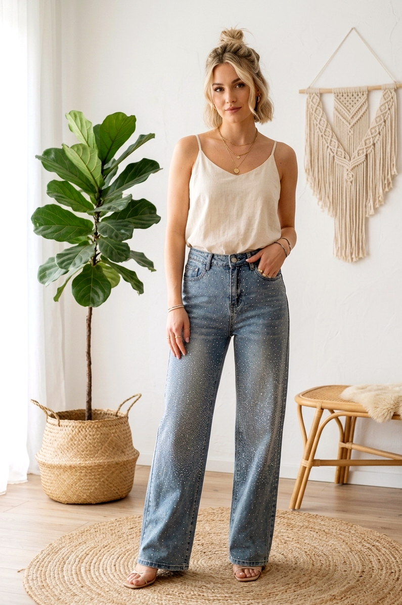 Glitzer-Jeans – Funkelnder Strass-Besatz | Denim | Größe S