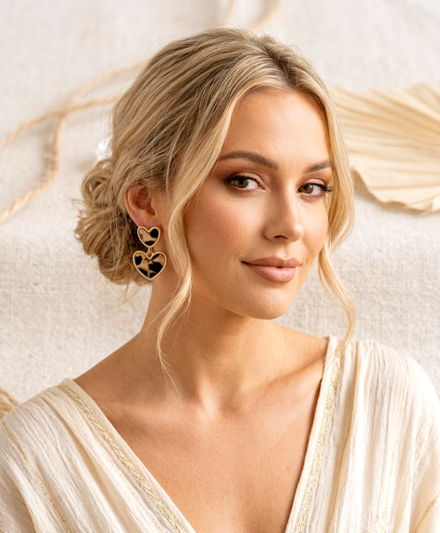 Statement Doppelherz-Ohrringe im Leo-Print – Elegant & Wild (Gold)