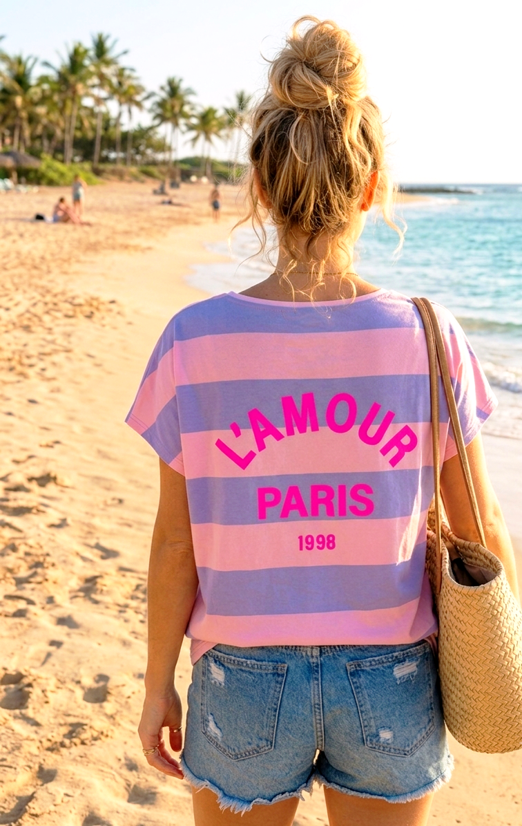 Oversize Streifen-Shirt „L’AMOUR PARIS“ – V-Ausschnitt, Neon Grün & Hellblau