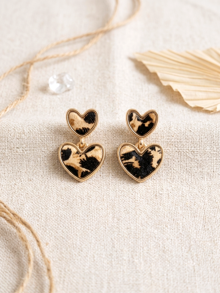 Statement Doppelherz-Ohrringe im Leo-Print – Elegant & Wild (Gold)