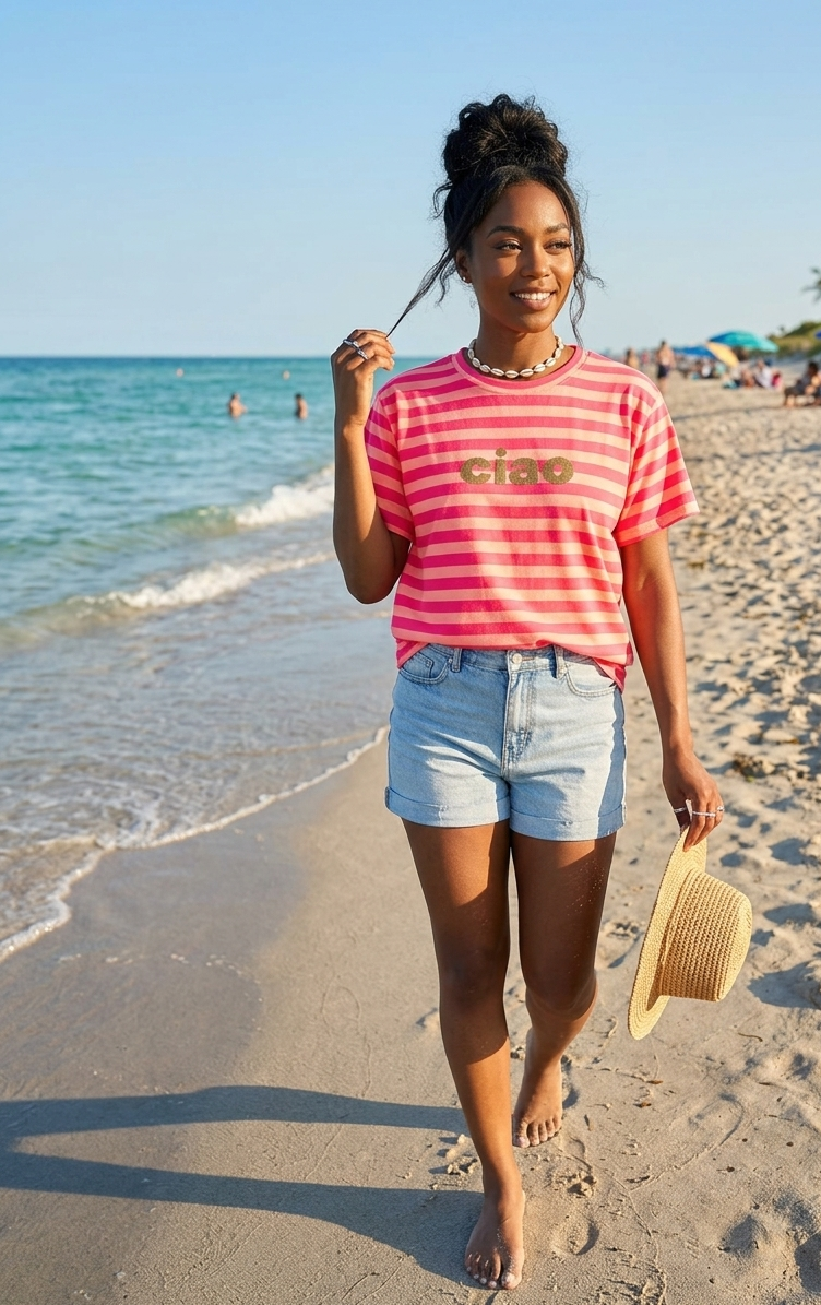 Boho-Luxe Damenmode: Rosa-weiß gestreiftes T-Shirt mit 'ciao', Jeansshorts, Strandlook