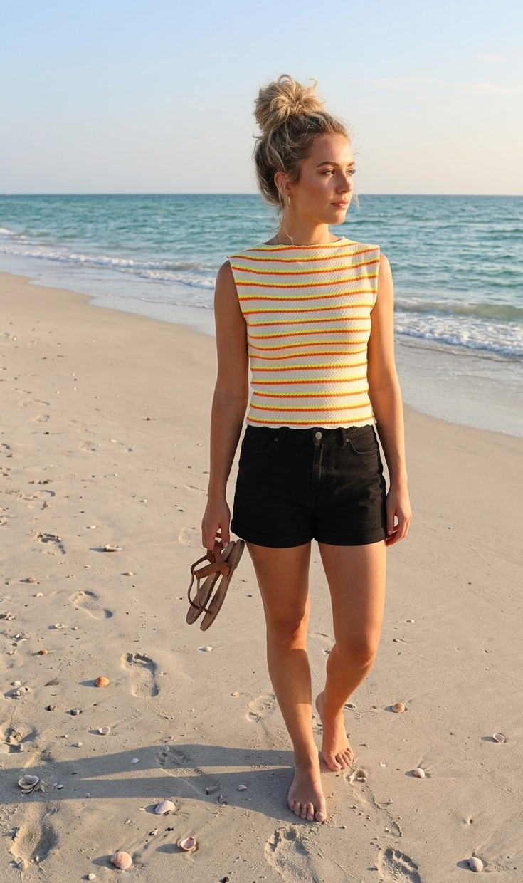 Boho-Luxe Damenmode: Gestreiftes Top in Gelb-Orange, schwarze Shorts am Strand