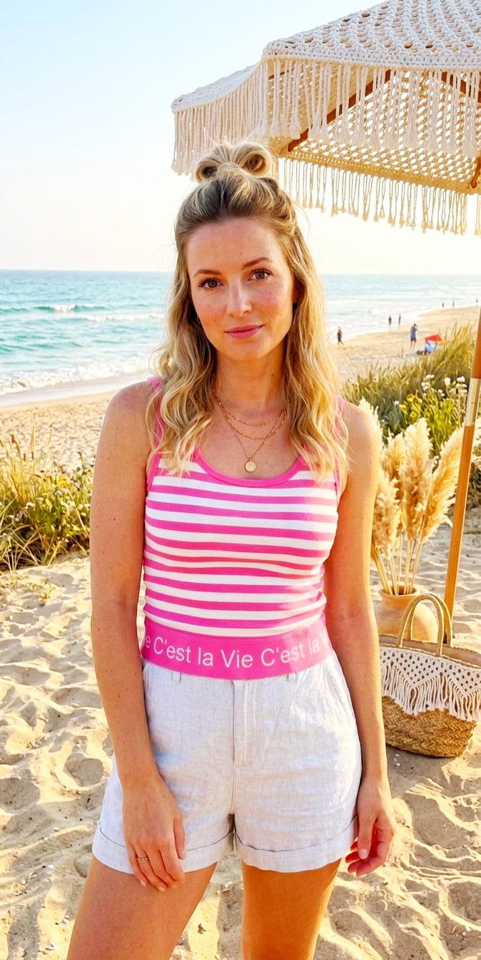 "C’est la Vie" Ringel-Tanktop – Pink/Weiß | Größe S