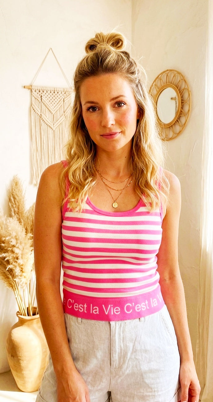 "C’est la Vie" Ringel-Tanktop – Pink/Weiß | Größe S