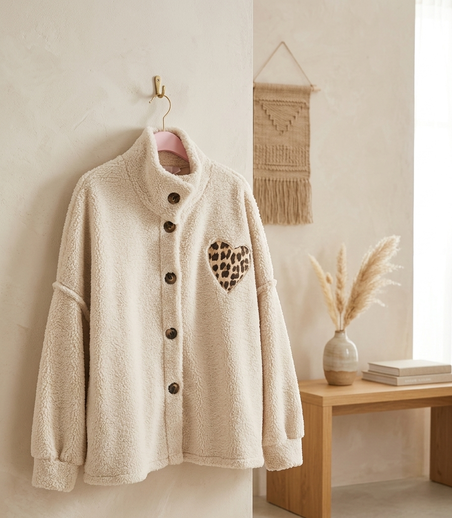 Teddy-Fleece-Jacke Oversize | Leo-Herz Patch | Cremeweiß | One Size S-L