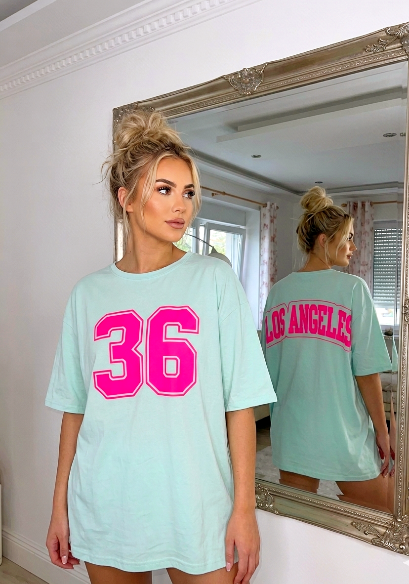 LA-Print Oversize T-Shirt – Neon-Pink Print | Hellblau / Weiß | Onesize S–XL