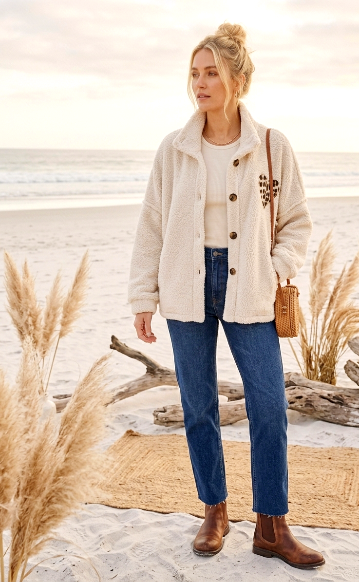Teddy-Fleece-Jacke Oversize | Leo-Herz Patch | Cremeweiß | One Size S-L