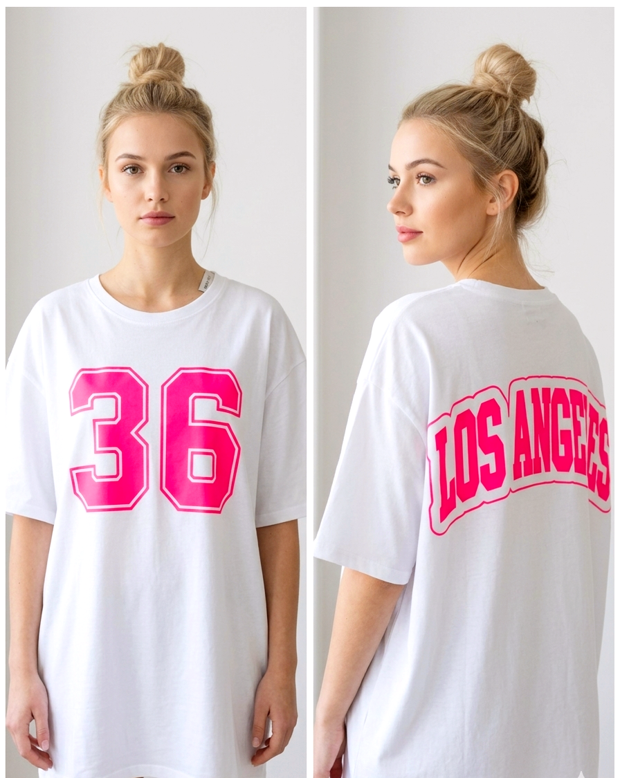 LA-Print Oversize T-Shirt – Neon-Pink Print | Hellblau / Weiß | Onesize S–XL