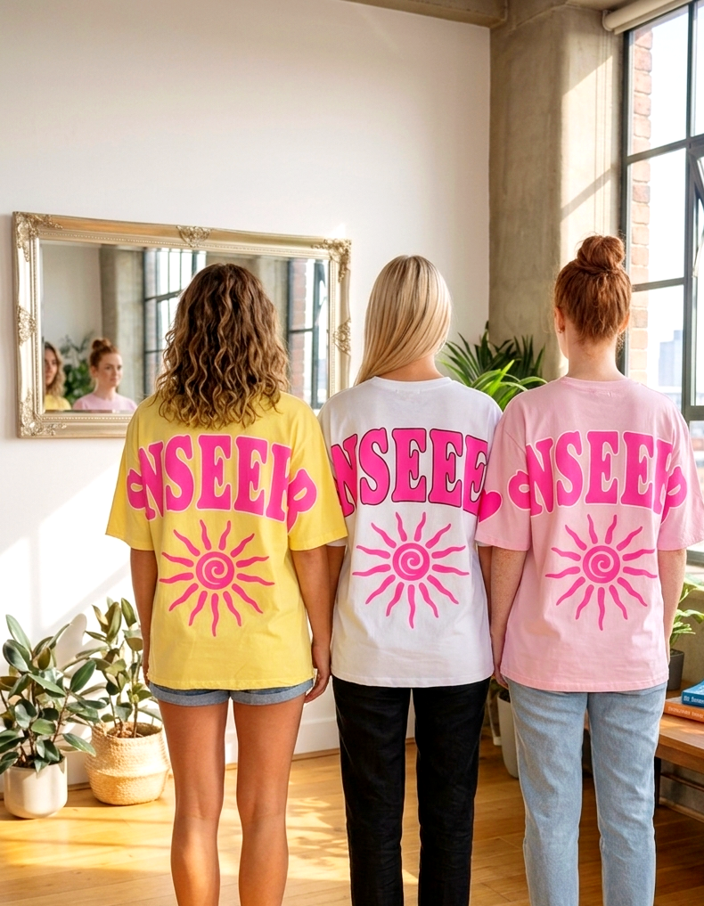 Damen Oversize T-Shirt „Sunseeker“ – Statement-Print in Neon-Pink | Gelb, Weiß, Rosa
